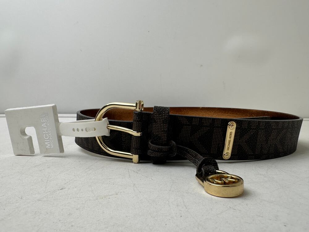 Michael Kors Signature Monogram Brown Belt W/ Gold Hardware Women's Sz L NWT